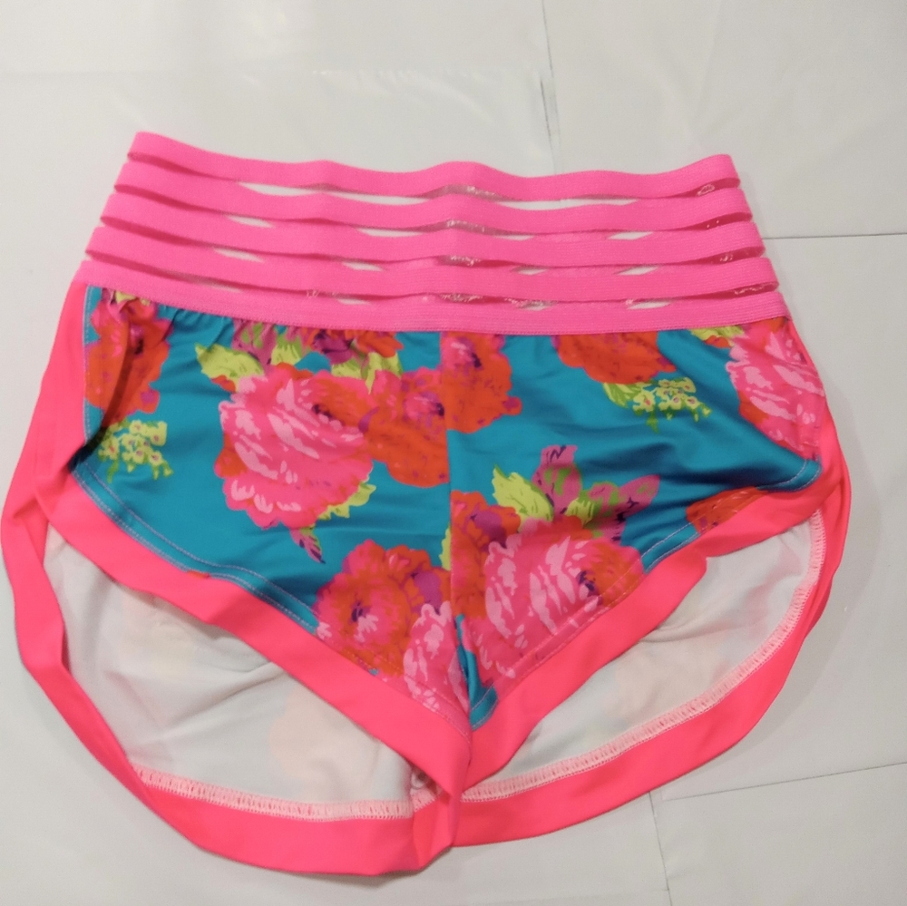 Floral Women's Yoga Shorts - Pink and Blue